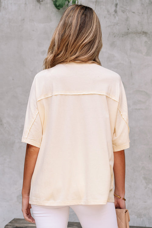 Apricot Flower Patched Exposed Stitching Trim Crew Neck Loose Tee